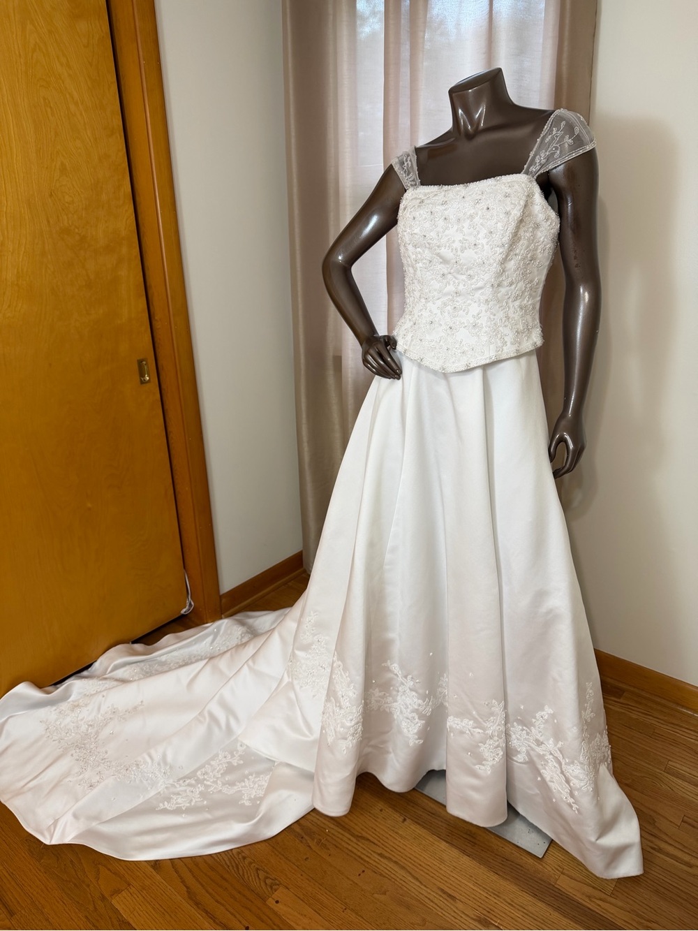 Vintage White Wedding Dress with Beaded Bodice, Lace Cap Sleeves and cathedral .